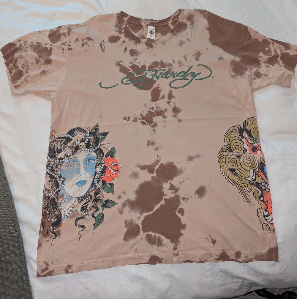 Ed Hardy Brown Tie-Dye T-Shirt with Artistic Face & Tiger, Men's 2XL